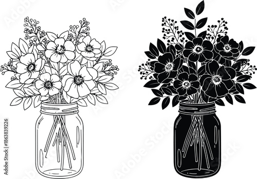 A colorful illustration of three bouquets of flowers in mason jars with different color schemes