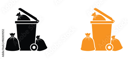 Trash can vector icon set. Trash bin symbol. Waste management icons with trash cans and garbage bags. 