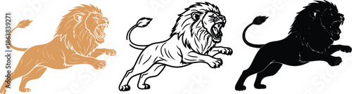 A colorful illustration of three lions in different color styles on a white background