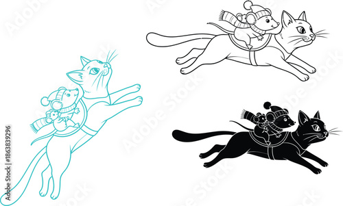 A playful illustration of cats and mice in various running poses with backpacks on.