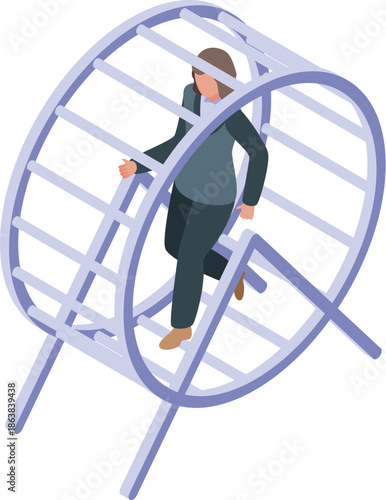 Businesswoman running inside hamster wheel, depicting stressful corporate lifestyle and routine work