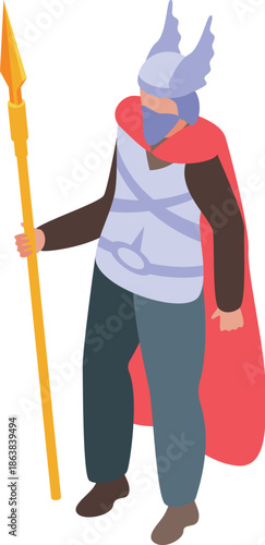 Viking warrior stands proudly, holding a golden spear, depicted in an isometric view, ready for battle