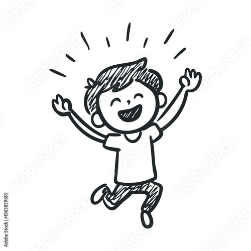 Child celebrating joyfully with arms raised in excitement