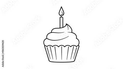 Delicious cupcake with lit candle on top for celebration, Generative AI.