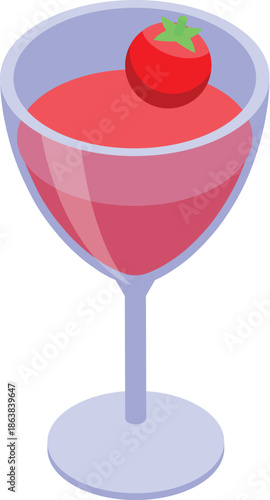 Tomato juice in a glass with a cherry tomato on top, isometric view