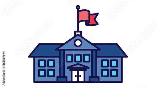 Modern school building with flag on white background, Generative AI.