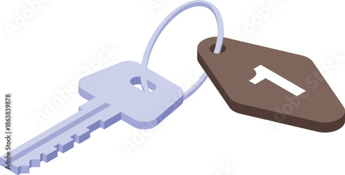 Hotel room key with key tag showing number one isolated on white background isometric illustration