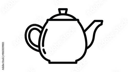 Simple black line drawing of a teapot on white background, Generative AI.