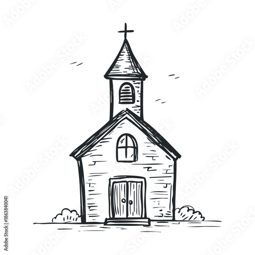 Rustic church building with steeple and cross on a sunny day