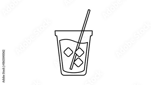 Refreshing drink with ice cubes and straw in a clear cup, Generative AI.