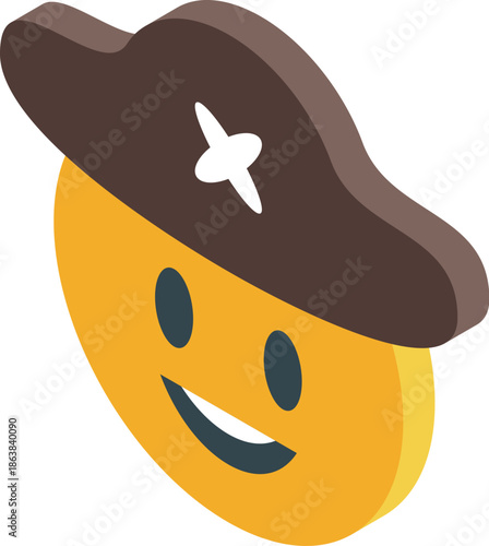 Isometric icon of a smiling emoji wearing a pirate hat, representing adventure, fun, and playful mischief