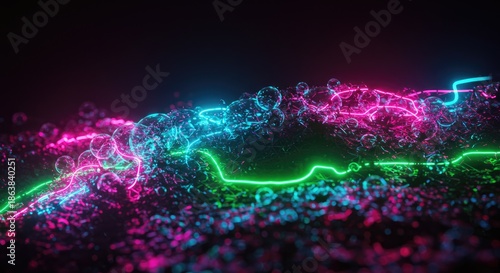 Abstract glowing neon light design with dynamic curves and particles