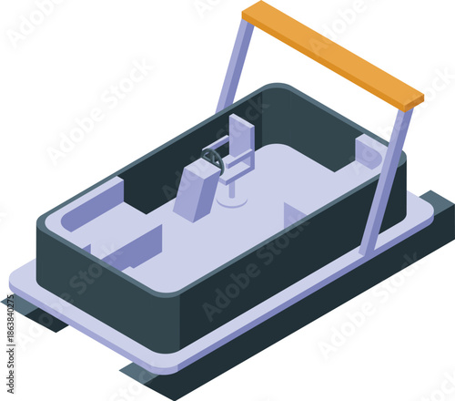 Pedal boat floating on calm water, featuring a steering wheel, canopy, and comfortable seating