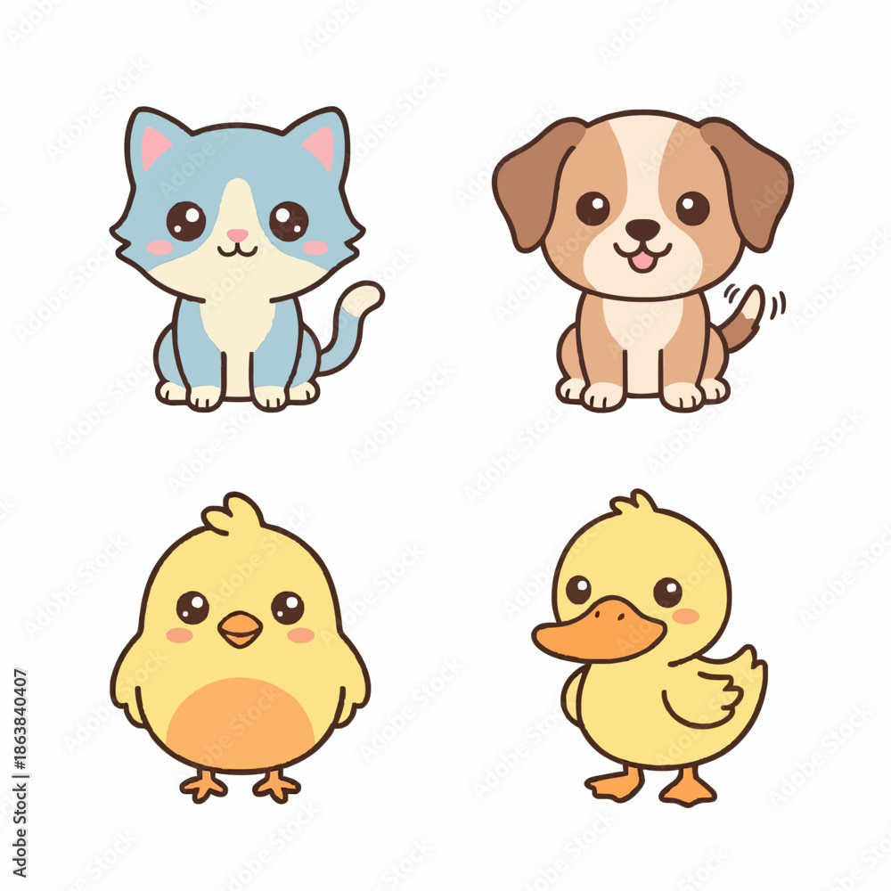 Naklejka premium set of funny animals, cat, dog, duck, chick, 