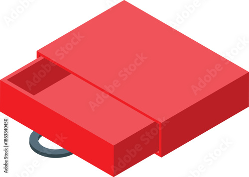 Red matchbox with empty drawer and a ring pull, isometric view