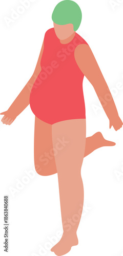 Pregnant woman wearing red swimsuit and green cap is getting ready for swimming or water aerobics