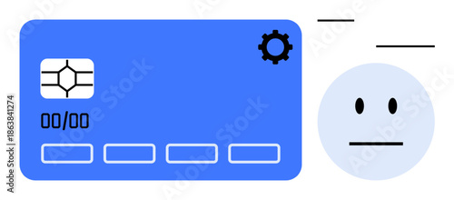 Digital security, identity authentication, online transactions, fraud prevention, payment systems, data privacy. A credit card and user face icon with a settings symbol. Digital security and identity