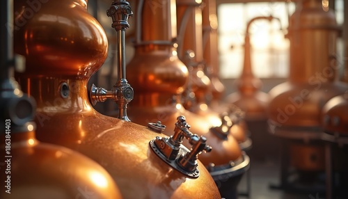 Rows of shiny copper distillation stills used in whiskey alcohol production. Industrial equipment set up in factory workshop, with sunlight filtering through windows, creating warm glow on metal
