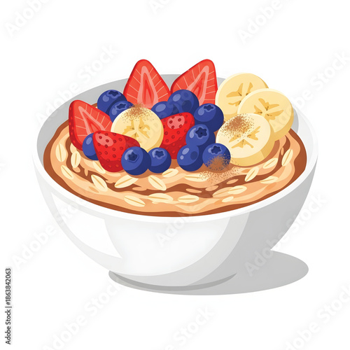 Wholesome breakfast illustration of creamy oatmeal topped with fresh strawberries, blueberries, and banana slices, representing a nutritious and energizing start