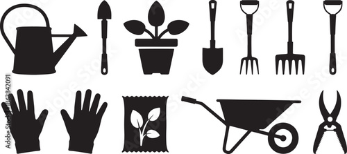 Black Silhouette Set Of Gardening Tools And Supplies On White Background watering can shovel