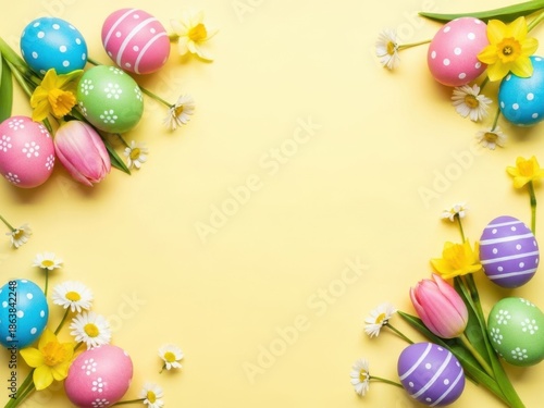 Colorful easter eggs and flowers on yellow background
