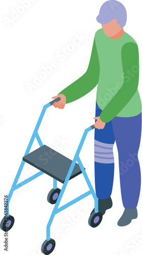 Senior man using a walker with injured leg, isometric vector illustration, rehabilitation and healthcare concept