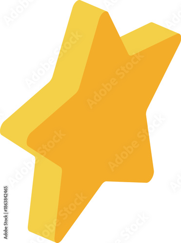 Bright isometric five pointed golden star glowing on white background
