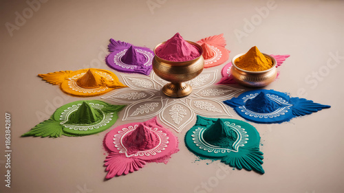 Vibrant colorful holi powders arranged beautifully around brass bowls for celebration