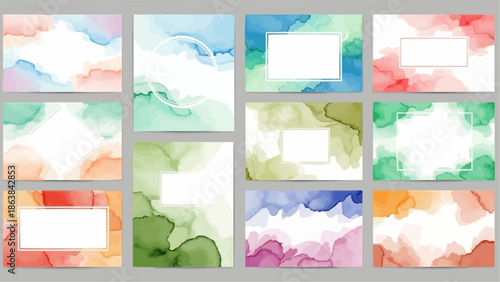 Vibrant watercolor backgrounds with blank text boxes for design