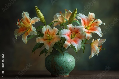 Vibrant Bouquet of Lilies in a Green Vase Showcasing Nature's Beauty Indoors Generative AI