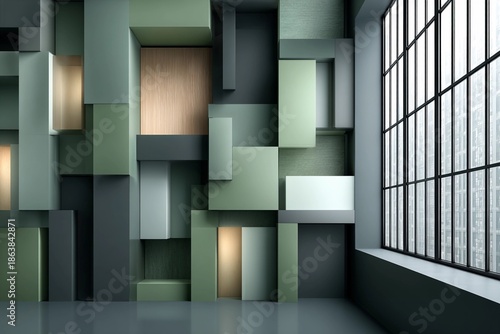 Vibrant Geometric Shapes Create Captivating Patterns on a Wall in Soft Greens Generative AI