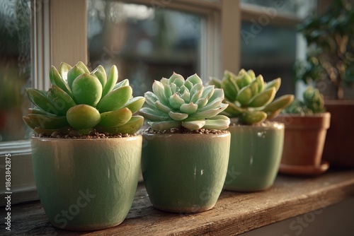 Succulent Plants Thrive in Sage Green Pots on a Sunlit Windowsill Generative AI