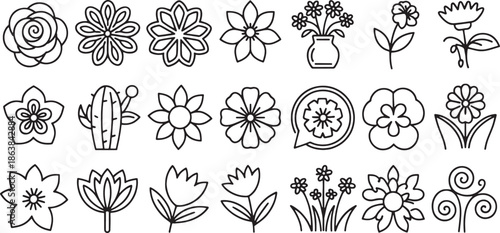 Collection of black outline floral and plant icons on white background flower black and white
