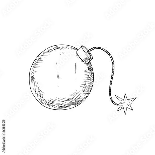 Vector burning bomb. Hand painted linear depicting explosives and detonation illustration. Graphic monochrome sketch isolated on background. For designers, prints, logo, icon, menu, postcards, holiday