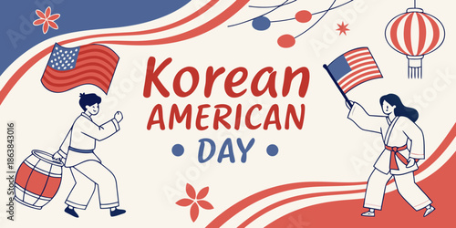 Korean American Day celebration illustration with the USA flag and traditional clothing people