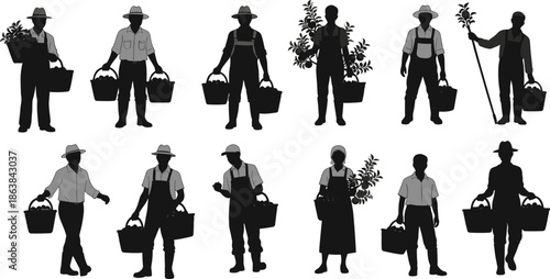 Silhouettes of farm workers, agricultural labor, gardening tools, harvest baskets, rural attire, planting activity, farming scene, vector illustration, black