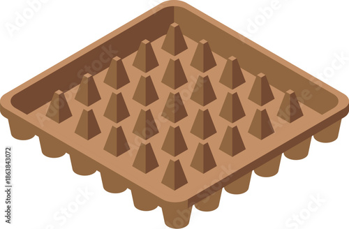Isometric view of an empty cardboard tray, designed for packaging with conical dividers, providing secure compartments