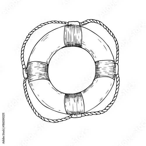 Vector lifebuoy. Hand painted linear Safety and Rescue Equipment illustration. Graphic monochrome sketch isolated on background. For designers, prints, logo, icon, menu, postcards, holiday, covers