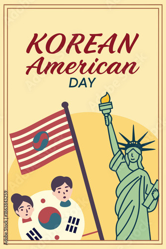 Korean American Day celebration illustration with Statue of Liberty and Korean flag