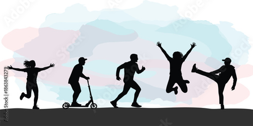 Silhouettes of people, dynamic movement, pastel background, joyful pose, scooter rider, jumping figure, running, dancing, playful gesture, youth energy, celebration, expressive motion