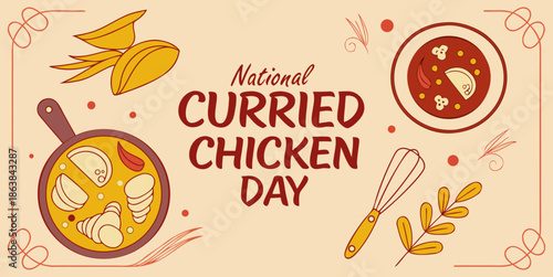 Illustration of Curried Chicken Day with various dishes and elements