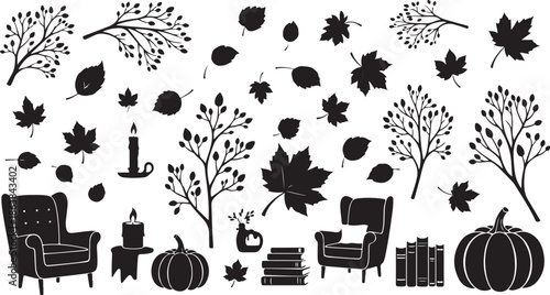 Cozy Autumn Fall Season Silhouette Icon Set for Design