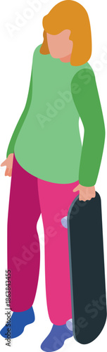 Skater holding her skateboard, preparing for urban tricks and stunts