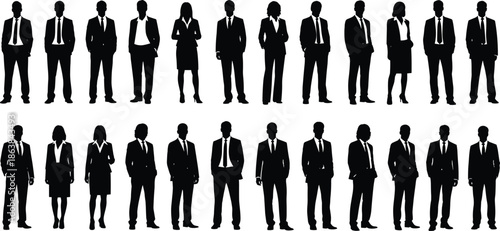 Black silhouettes of professional business men and women standing in a row, corporate group, diverse team office workers, professional people vector illustration