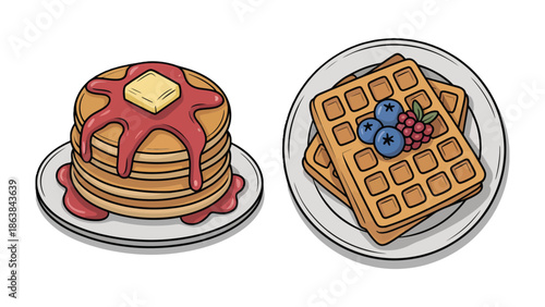 Breakfast Delights: A vibrant and tempting breakfast scene features a stack of golden pancakes, generously drizzled with rich syrup and a dollop of butter, alongside a plate of crispy waffles.