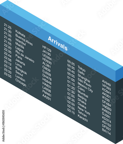 Arrivals board displaying flight information with scheduled times, destinations, and flight numbers for international travelers