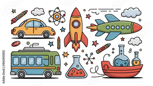 A Colorful Journey of Discovery: A vibrant illustration showcasing an array of playful objects representing exploration, invention, and the spirit of discovery, sparking curiosity.