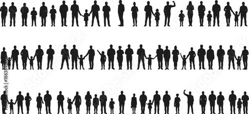Silhouettes of people, family interaction, social bonding, black figures, emotional gesture, diverse ages, couples, children, selfie pose, public space, connection, posture, standing groups,