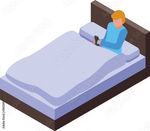 Young man using smartphone in bed, relaxing with mobile phone in the morning