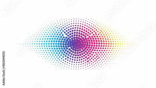Vibrant multicolor halftone dots radiating outward in dynamic spiral